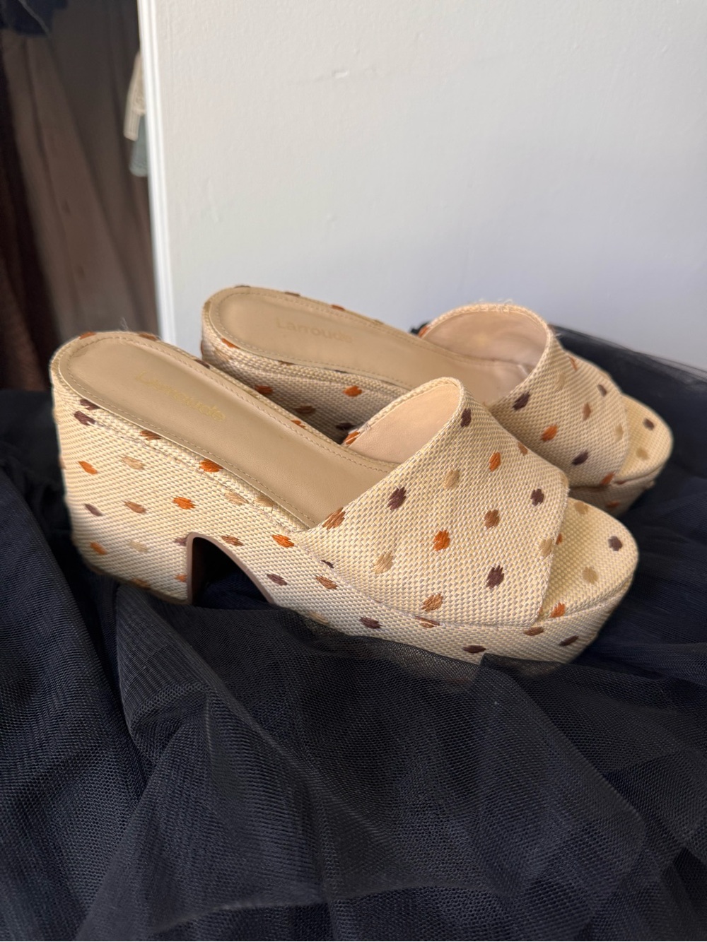 Larroude Cream Platform Mule with Orange and Brown Dot Accents